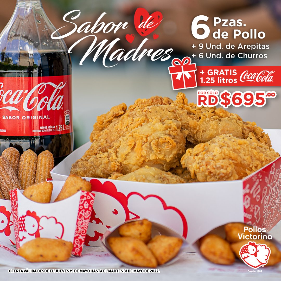 Esta oferta SI tiene madre.

Una muy buena razón para compartir. 👩‍👦💞
🍗 6 piezas de Pollo
🍗 + 9 und. Arepitas
🍗 + 6 und. Churros
🎁 + Gratis una Coca-Cola 1.25 litros como regalo.

❤️ Oferta válida desde el jueves 19 de mayo hasta el martes 31 de mayo 2022.

#PollosVictorina