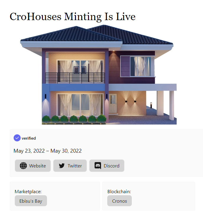 HousesCro's tweet photo. We are live on NFT Calender 
https://t.co/QfQuLLX08w
Join our Discord Server https://t.co/520NXxFFBP 
#Cronos #CronosNFT #NFT #NFTCommunity #NFTgiveaway #crofam #ebisusbay #crohomes https://t.co/LMsK1CxFVX