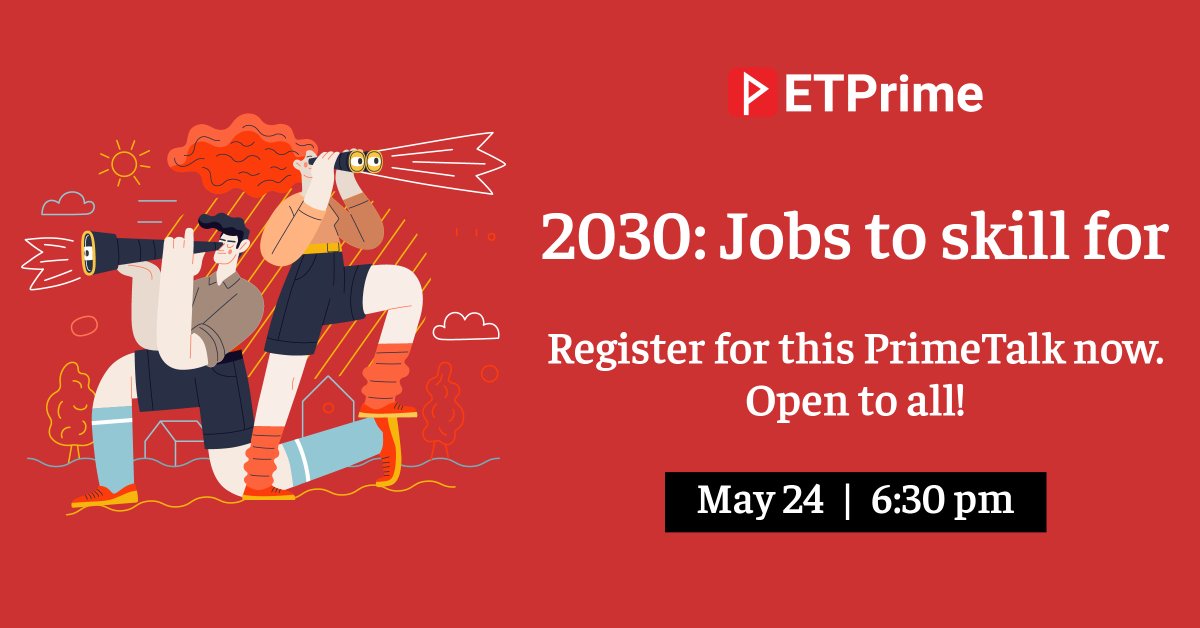 ETPrime_com's tweet photo. A time to skill. 

The missing piece in prepping for the jobs of 2030 is skilling. 

24 hours to go! Join this #PrimeTalk featuring Manish Sabharwal of @TeamLease, @lshannon45, and @DebleenaR. Open to all.

Tomorrow at 6:30 pm: https://t.co/va5Qo12rGm https://t.co/Su0KbYqlmo