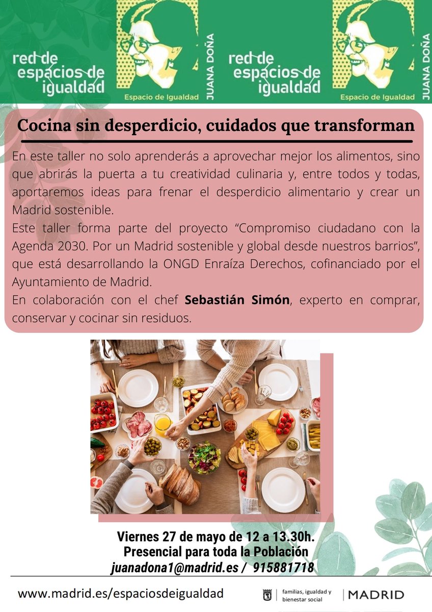 👩‍🍳El viernes 27 a las 12:00 tenemos ¡¡¡cocina de aprovechamiento!!! con <a href="/cocinazerowaste/">cocinazerowaste</a> 
Aún quedan plazas; inscríbete en el Espacio de Igualdad Juana Doña 

🎁Habrá sorpresas 🧑‍🍳
#ZeroWaste #CompromisoAgenda2030 #Arganzuela