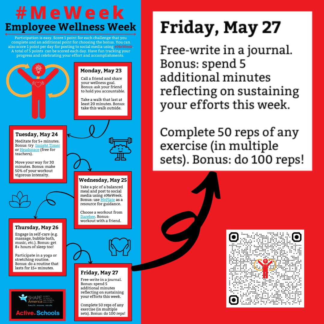 ActiveSchoolsUS's tweet photo. Final Day of #MeWeek!
1) Free-write in a journal. Bonus: spend 5+ min. reflecting on sustaining your efforts this week.
2) Complete 50 reps of any exercise (in multiple sets). Bonus: do 100 reps!
3) Post to social media. Tag @ActiveSchoolsUS & @SHAPE_America using #MeWeek. https://t.co/k9lBY3T91v