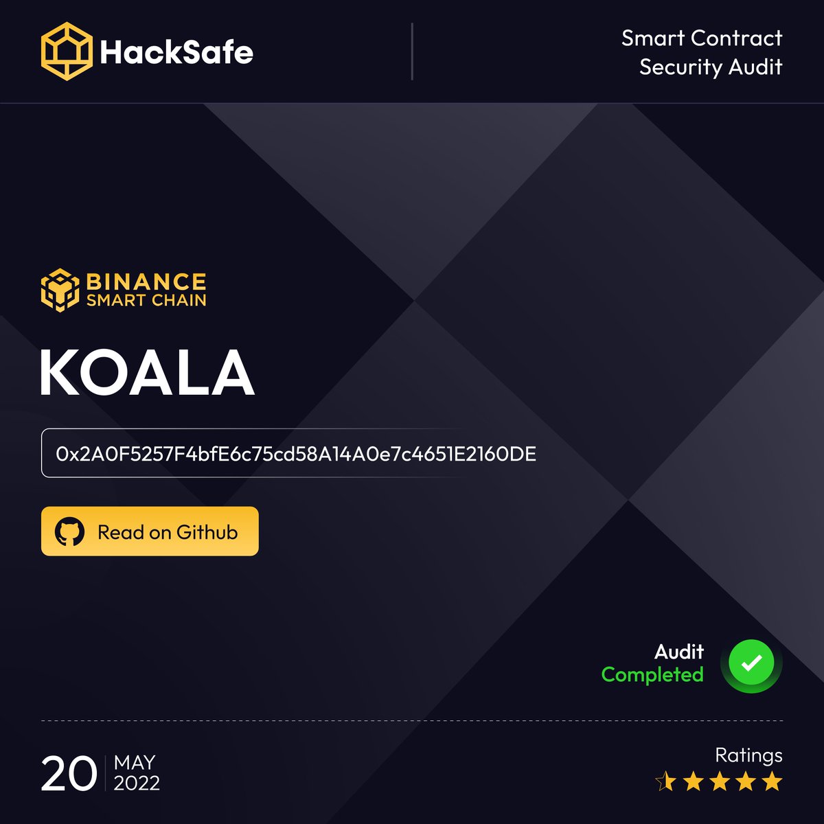 Hacksafe_'s tweet photo. HackSafe has completed The Comprehensive Security Audit of Smart Contract Of #KOALAToken👍
Request our service at : https://t.co/0BFgtFniBa
Read KOALA Token Audit report : https://t.co/MIp7sDM0iy
Know more: https://t.co/i9Ztm5ASC8
#Smartcontract #audit #BSC #cryptocurrency https://t.co/CwXga3DTby