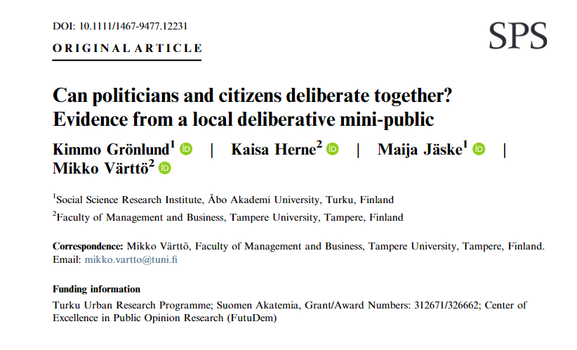 KimGron's tweet image. Can politicians and citizens deliberate together? Yes they can! Check out our new article in @ScandPolStud 
#deliberation #PoliSci #DemInno 
doi.org/10.1111/1467-9…