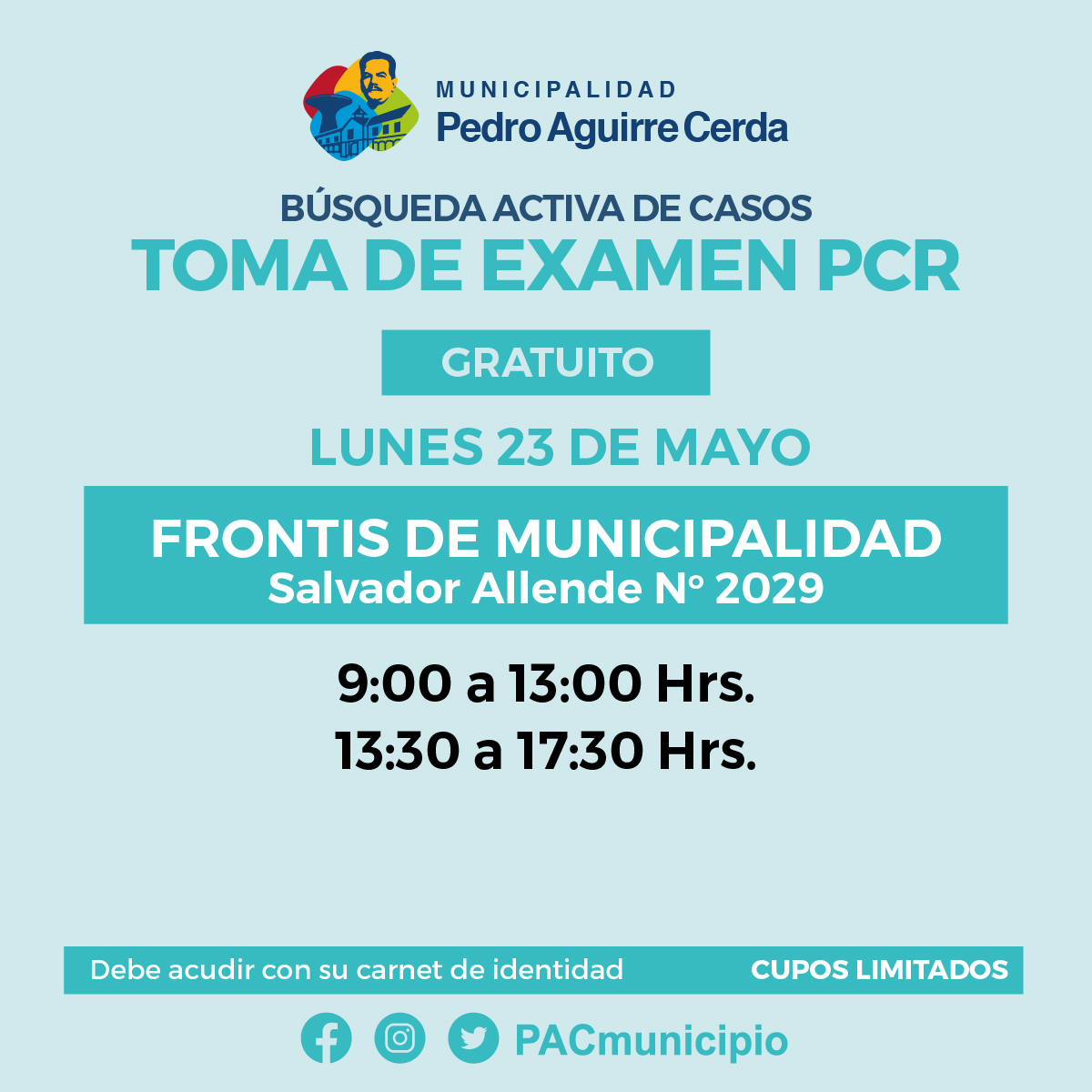 SaludPac's tweet photo. ✅ Vecinos y vecinas, compartimos el calendario y lugares donde estarán los puntos de Búsqueda Activa de Casos en nuestra comuna, para la semana del 23 al 29 de mayo.

👉Revisa la gráfica de este lunes, donde nuestros equipo de salud municipal estarán tomando la #PCR

#PACTeCuida https://t.co/EYUEDhemsM
