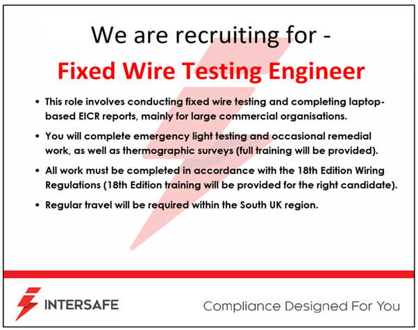Intersafe_ltd's tweet photo. We are looking for candidates in regards to Fixed Wire Testing Engineer roles based in the south of the UK. If you are interested in these vacancies then please contact our Recruitment Manager Neil Durkin on 02380 610101 or neil@intersafe.co.uk #jobs #electricalcompliance https://t.co/DQe5lHDIEn