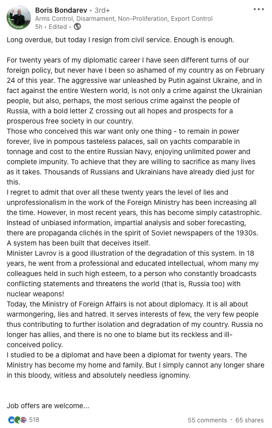 Charles_Lister's tweet photo. #Russia diplomat at @UN has resigned in protest at #Putin's war in #Ukraine.

- "Today, the Ministry of Foreign Affairs is not about diplomacy. It is all about warmongering, lies and hatred. I simply cannot any longer share in this bloody, witless &amp; absolutely needless ignominy." https://t.co/lLX3aA2qYx
