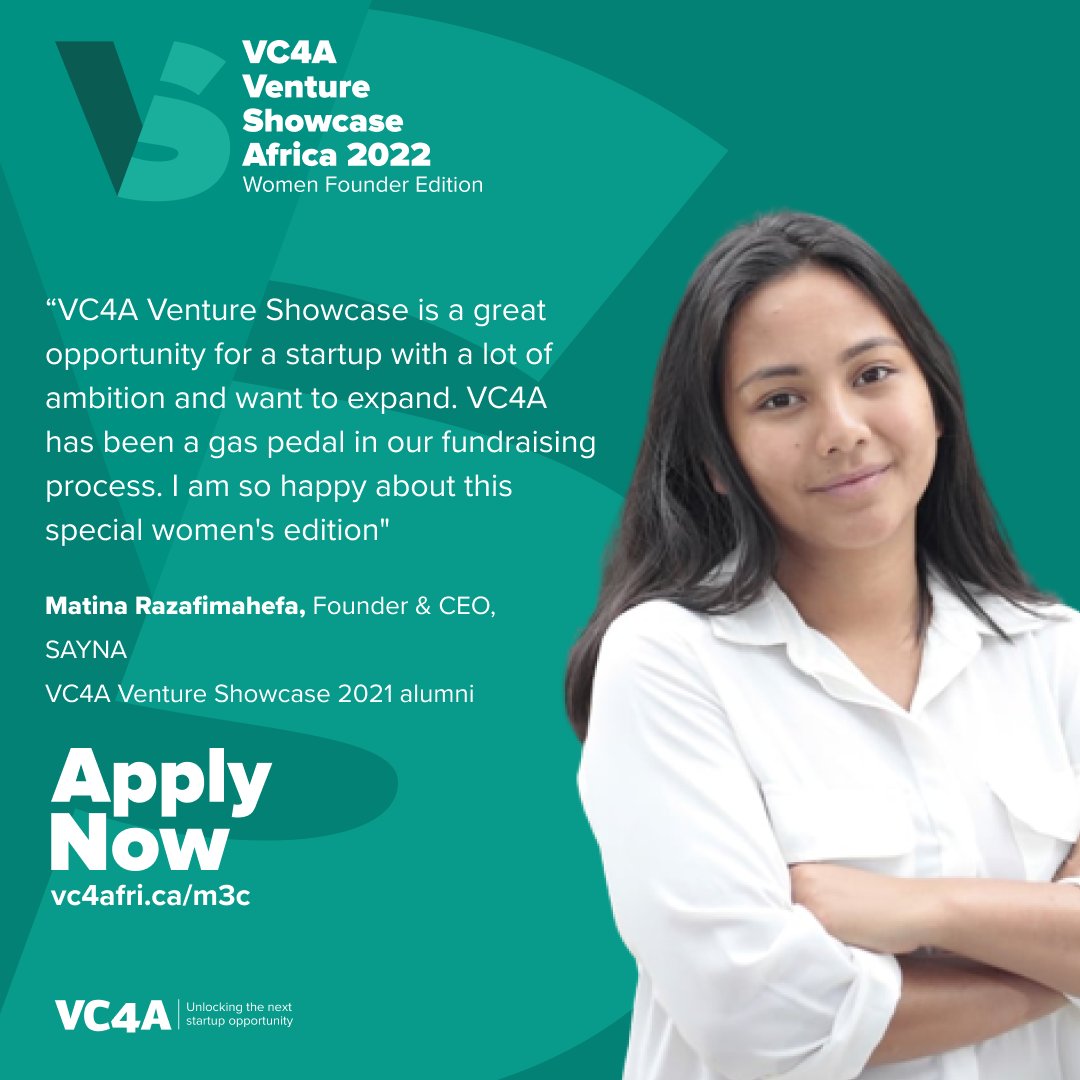 VC4A_Africa's tweet photo. 2021 Venture Showcase company #Sayna recently closed a $600K round with @orangeventures, @LaunchAfricaVC and The Malagasy Investment Club of the VC4A Investor Network.
Don't miss the deadline in 4 days to apply for the 2022 Showcase
https://t.co/92Rtg7qvm2
#VentureShowcase2022 https://t.co/MLotyFkFNw