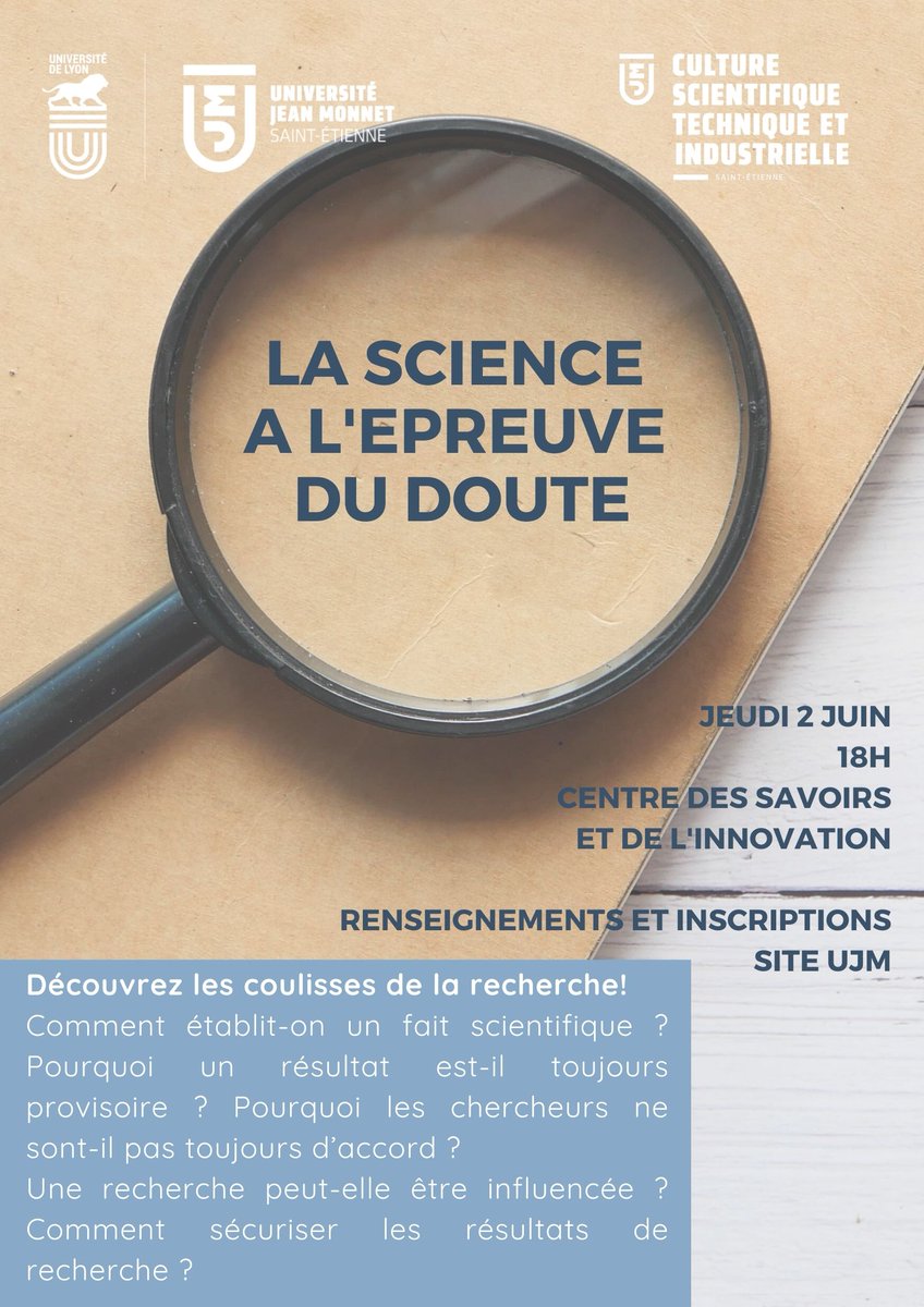 CSTI_UJM's tweet photo. Le doute existe-t-il dans et envers la science? Comment raviver la confiance? @E_BotelhoNevers @GimapLab, C.  Carrot @imp5223, L. Derainne @ihrim_umr, F. Levrero #enes, M. Mouncif Moungache @CERCRID_UMR5137 de @Univ_St_Etienne
🗓️2/06/22, 18h, CSI 👇
▶️https://t.co/QZwlf8mvVp https://t.co/f5T75WIvqv