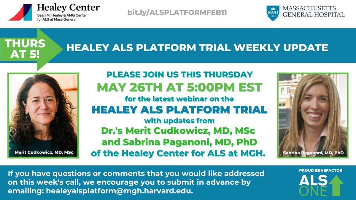 alsone_official's tweet photo. Join us this Thurs 5/26 for the weekly #HealeyALSPlatformTrial update call w/ @MeritCudkowicz &amp; @PaganoniMDPhD, lead #ALS #PlatformTrial investigators at @MGHNeurology, who'll be giving the latest updates &amp; answering Q's.
Reg @ https://t.co/tUAcOwblwG.
#EndALS #Hope #CureALS https://t.co/GXcB2wjiJZ