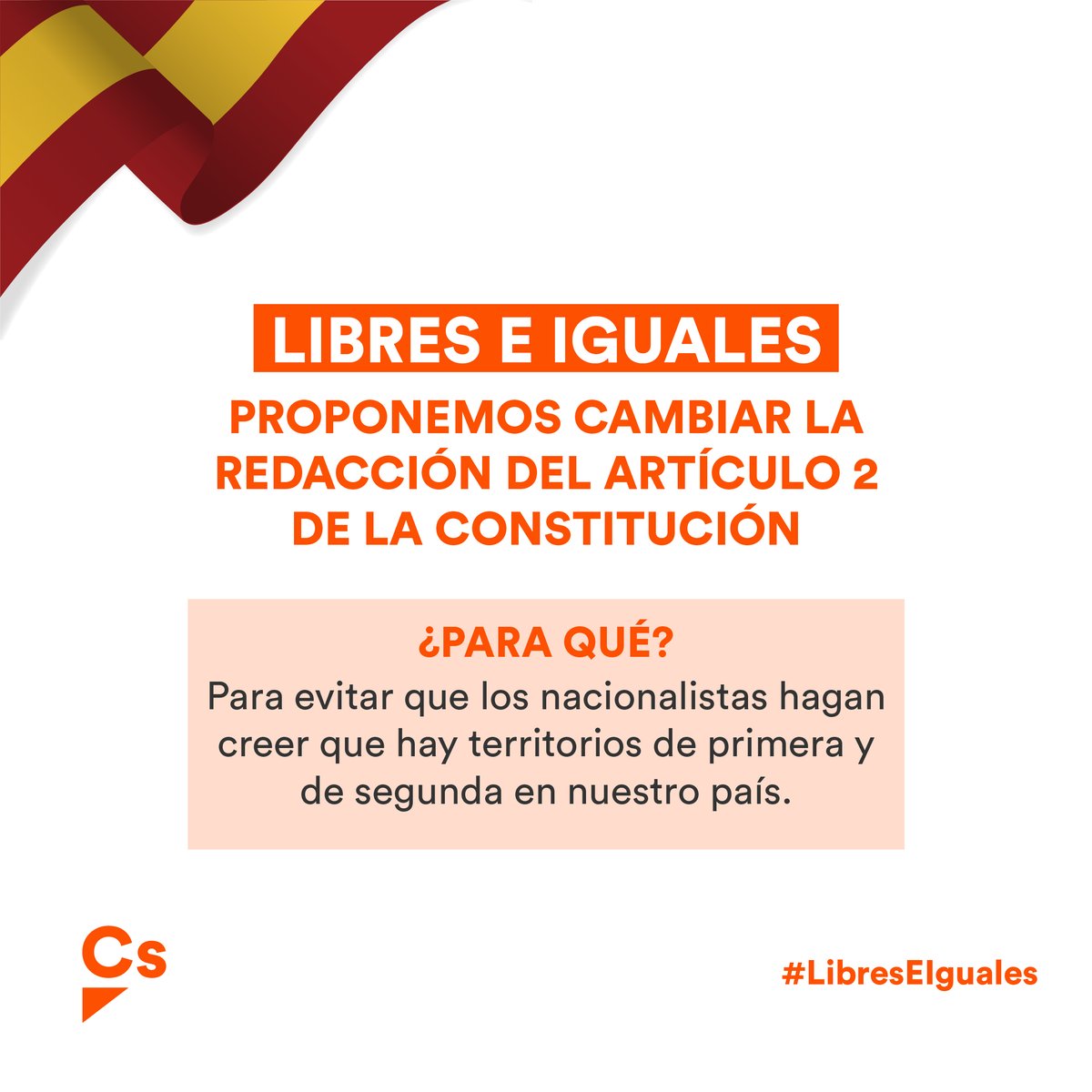 CsCantabria's tweet photo. 🧡 En Cs creemos que España es una nación de ciudadanos #LibresEIguales 

🇪🇸  Con los mismos derechos y libertades.

❌Por eso tenemos que decir BASTA al Nacionalismo y evitar que haya españoles de primera y de segunda. https://t.co/VImlXzCcp3