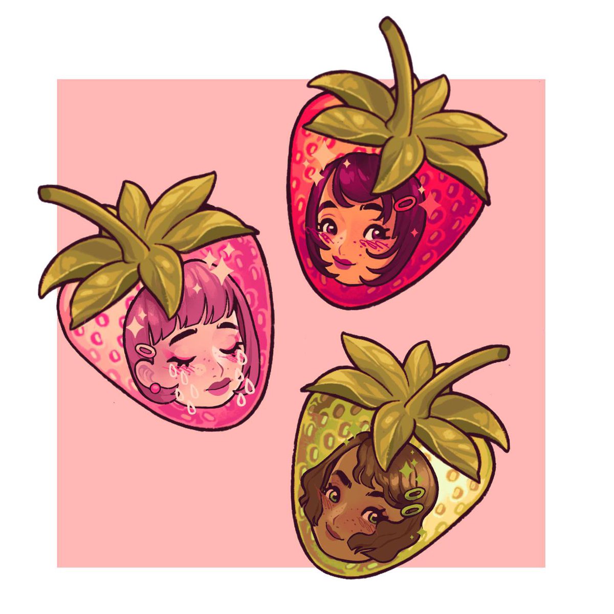 freckles 3girls multiple girls fruit bangs brown hair hair ornament  illustration images