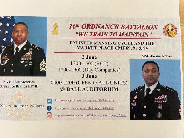 CSM Jason E. Decker (@ordnancecsm) on Twitter photo Attention Ordnance NCO’s. There is a briefing regarding the Enlisted Manning Cycle on the following dates at Ball Auditorium. Your future is in your hands. #GoOrdnance @USAODCorps <a href="/59thOrdnanceBDE/">59th Ordnance Brigade</a> <a href="/SCoE_CASCOM/">U.S. Army CASCOM</a> @LNCOA_CSM Attention Ordnance NCO’s. There is a briefing regarding the Enlisted Manning Cycle on the following dates at Ball Auditorium. Your future is in your hands. #GoOrdnance @USAODCorps <a href="/59thOrdnanceBDE/">59th Ordnance Brigade</a> <a href="/SCoE_CASCOM/">U.S. Army CASCOM</a> @LNCOA_CSM