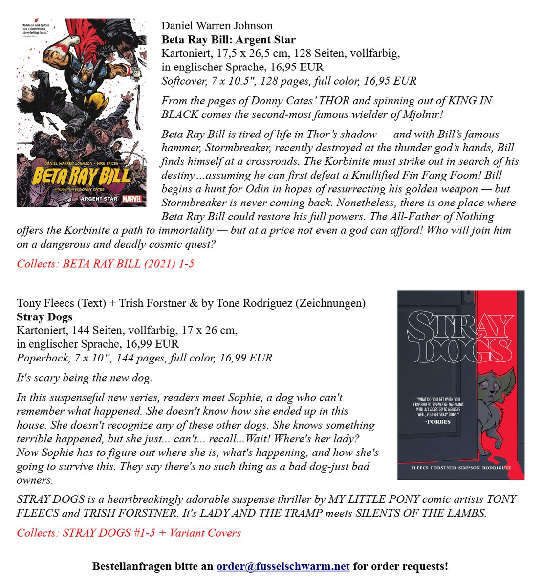 Fusselschwarm's tweet photo. Wow, three comics from our stock were nominated for an #EisnerAward this year:
BETA RAY BILL: ARGENT STAR by @danielwarrenart 
STRAY DOGS by @TonyFleecs &amp; @TrishForstner 
(Best Limited Series)
LOVE - THE MASTIFF by @brremaud &amp; @Akaydo
(Best U.S. Edition of International Material) https://t.co/4lN7U5GcQ6