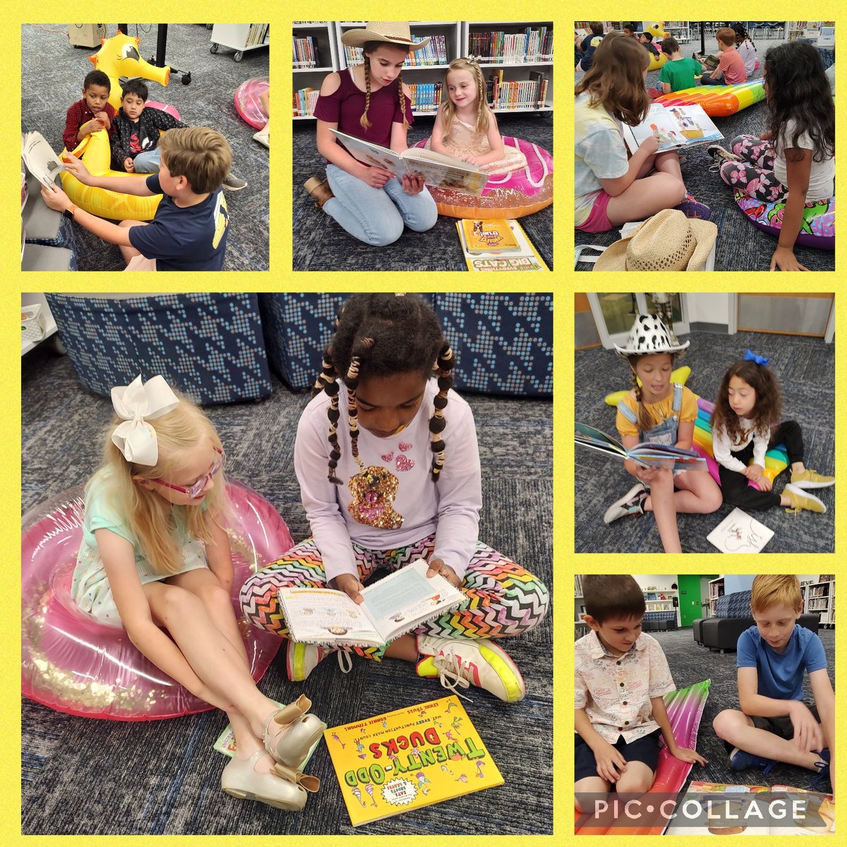 WallaceHESlib's tweet photo. Such a fun way to wrap up our year in the Learning Commons! 📚 💦 😎 #gcisdlib #hesshinebright #floatandread https://t.co/t6Ri9KZ7LX