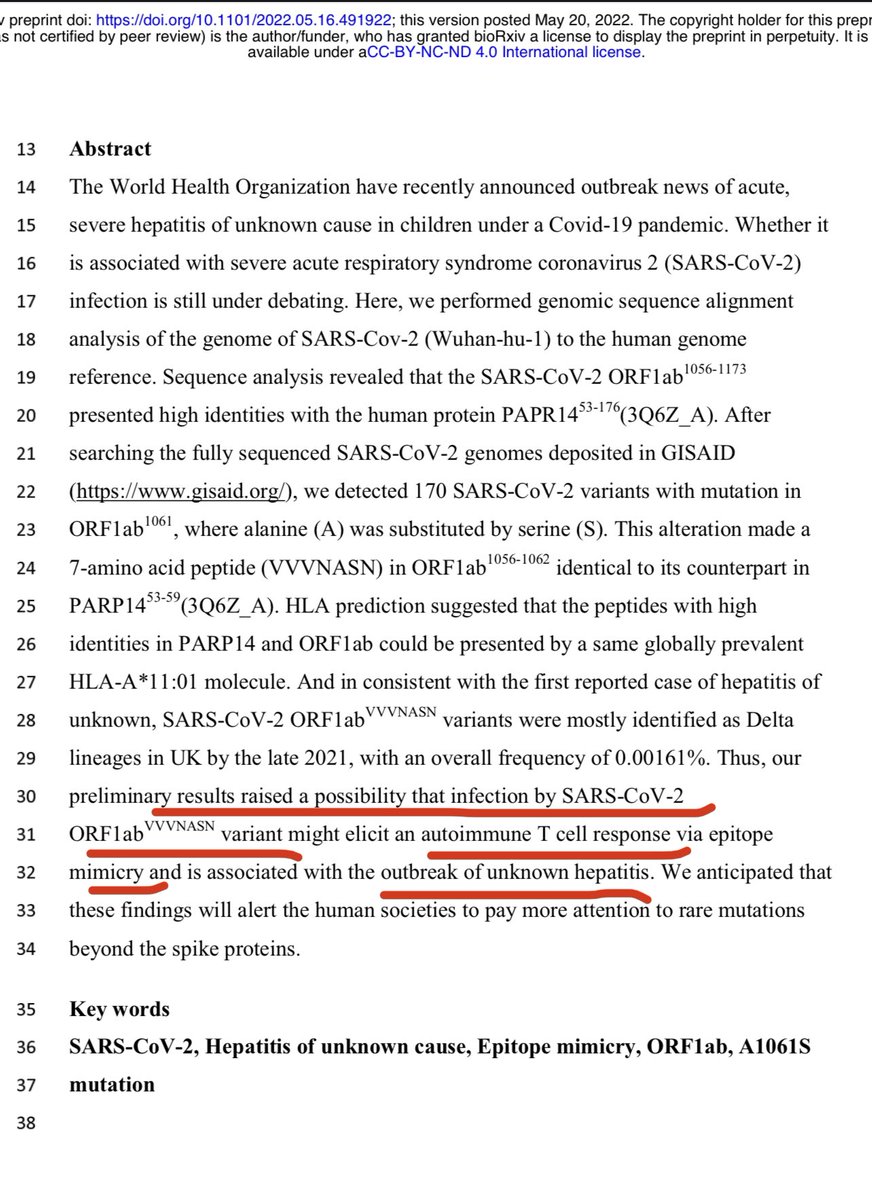 DrEricDing's tweet image. FASCINATING preprint finds that a #SARSCoV2 variant mimics human liver protein that may trigger T-cell autoimmunity—thus might damage the liver. Authors suggest it could explain a surge in children hepatitis. Note: ORF-1 protein is *not* found in vaccines.
biorxiv.org/content/10.110…