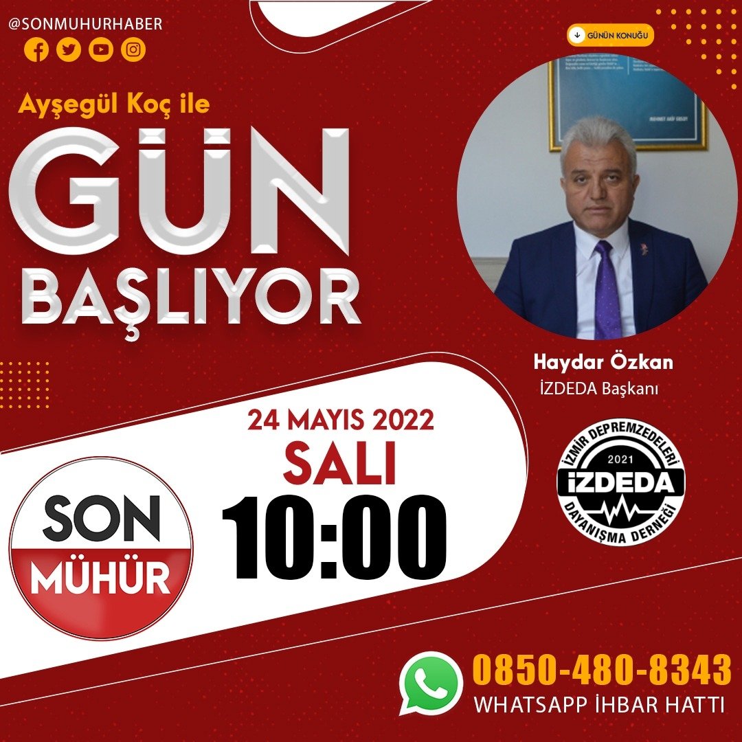 Dernek Başkanımız Sayın Haydar Özkan yarın (24 Mayıs 2022) sabah Saat 10.00'da Son Mühür tv'de Canlı yayında olacaktır.Yayını Son Mühür Facebook sayfası ve youtube kanalı üzerinden izleyebilirsiniz. #İzmireKulakVerin