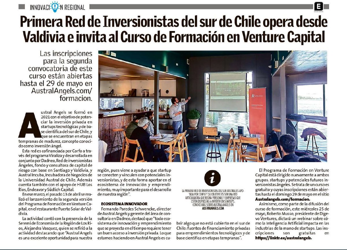 AustralAngels's tweet photo. Buena nota ayer en el Austral de Valdivia, Osorno y Puerto Montt. 

Recuerden que la convocatoria al curso gratuito de Venture Capital para formación de Inversionistas Ángeles y Startups está abierto hasta el próximo Domingo 29 de mayo.

Inscripcciones en https://t.co/lqgxocuSep https://t.co/fIt0aQSaoc