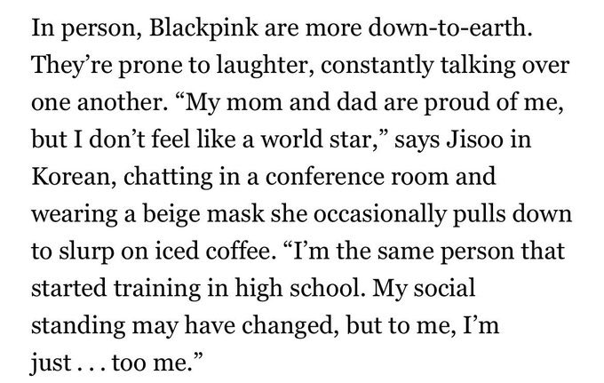 pinkrabbitmic's tweet photo. จีซูให้สัมภาษณ์ Rollingstone x Blackpink คือน่ารักมากว่ะ 

“ พ่อกับแม่ภูมิใจในตัวฉัน แต่ก็ไม่ได้คิดว่าตัวเองเป็นระดับคนดัง world star ยังเป็นคนเดิมตั้งแต่เป็นนักเรียนที่เริ่มเป็นเด็กฝึก สังคมฉันอาจจะเปลี่ยน แต่สำหรับฉันแล้ว ฉันยังคงเป็นฉัน ” 

แสนดี น่ารัก https://t.co/VKbHpLQSRu