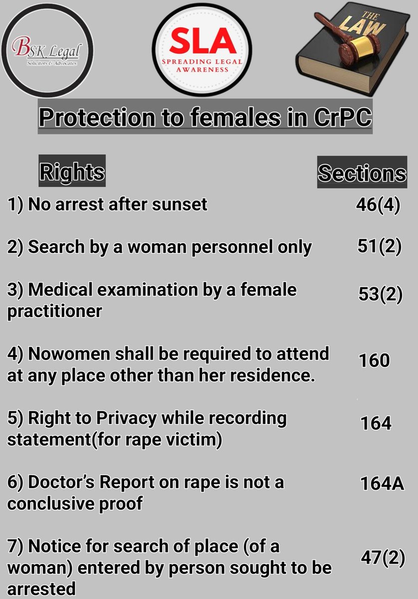 trideomani's tweet photo. Females are an integral part of our society but because of lack of awareness they have to face various legal problems. Some protection provided to them in the Code of Criminal Procedure are given below.
#legalawareness #legalbytes  #rights #femaleprotection @sanjaykchadha https://t.co/sdQWC3u8NQ