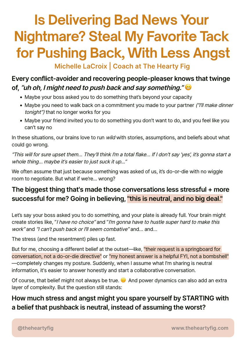 theheartyfig's tweet photo. "Assume it's no big deal" is my new favorite tack for delivering push-back, and starting an honest conversation. 

(It might not always be true, but the stress and angst it saves me is 💯 worth it.) https://t.co/7aWr1qjPR2