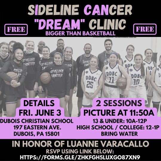 Sideline Cancer TBT (@sidelinetbt) on Twitter photo Sideline Cancer family we got something special to share! On Friday, June 3rd we will team up with our friends at <a href="/DuboisDream/">DuBois Dream</a> to offer a free basketball clinic in DuBois, PA. This will be in honor of Luanne Varacallo and please help us spread the word about this special day! Sideline Cancer family we got something special to share! On Friday, June 3rd we will team up with our friends at <a href="/DuboisDream/">DuBois Dream</a> to offer a free basketball clinic in DuBois, PA. This will be in honor of Luanne Varacallo and please help us spread the word about this special day!