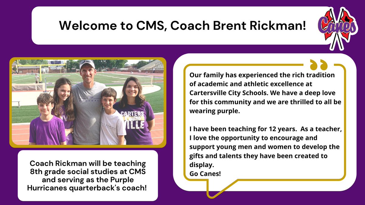 CMSCanes's tweet photo. Welcome to Cartersville Middle School, Coach Brent Rickman! #GoCanes #LearnLikeACane https://t.co/b3gKunVms6