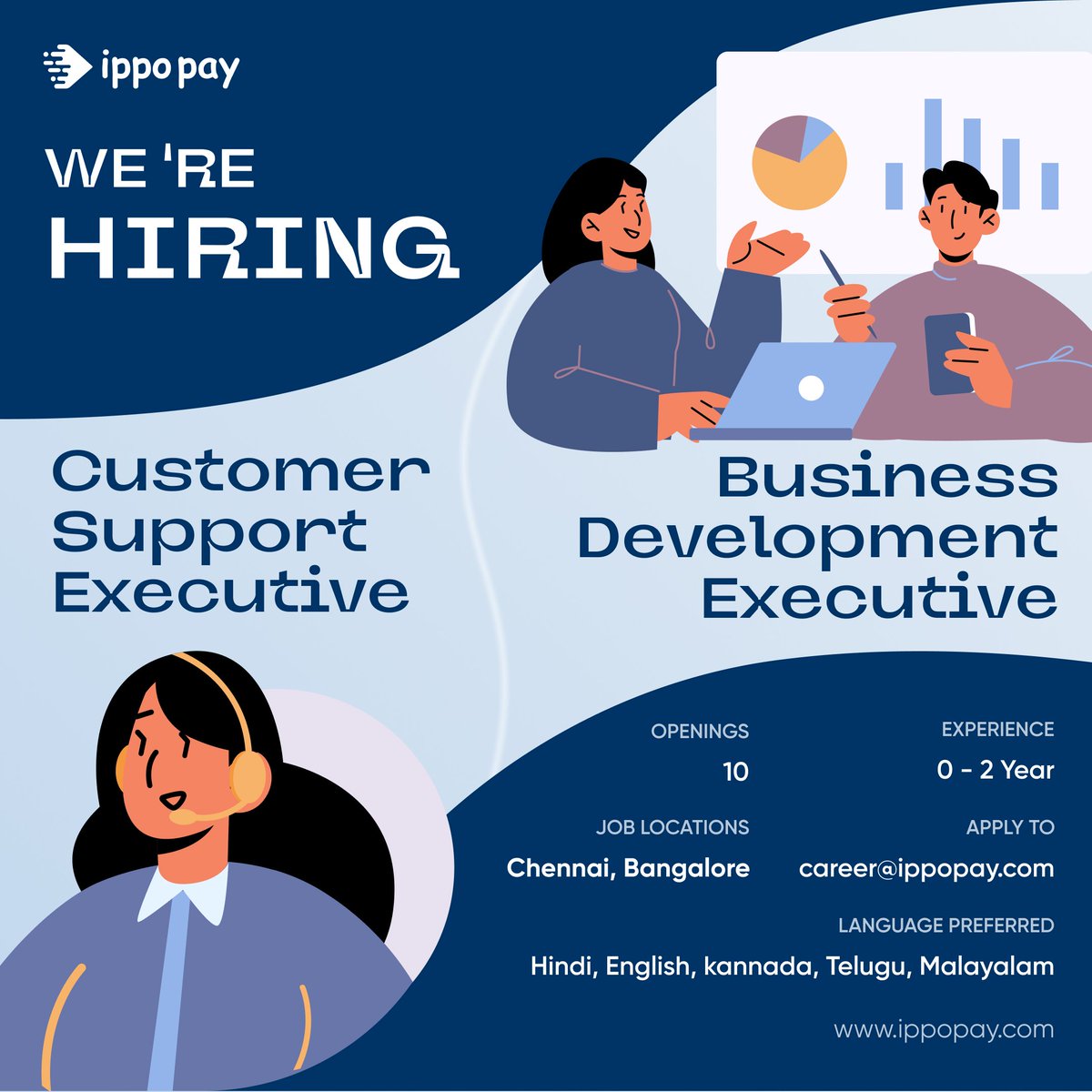 IppoPay is looking to hire great people from a wide variety of backgrounds for the role of #customersupportexecutive and #businessdevelopmentexecutive! Not just because it’s the right thing to do, but because it makes our company stronger!!

#fintechjobs #fresherjobs #startupjobs