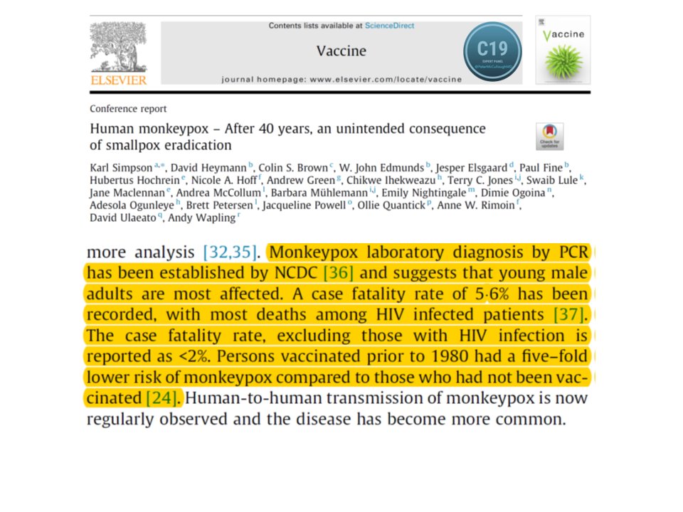 P_McCulloughMD's tweet image. Simpson et al, Chatham House, London, monkeypox conference in 2019 summarizes 40 years of data on this established zoonosis.  Prior smallpox program protective for those age 50 and older in general.   Cases mainly in young men.  Mortality low except in advanced concurrent HIV.