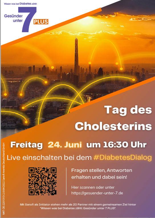 #DiabetesDialog am #TagdesCholesterins, der 24. Juni um 16:30 Uhr: „Wissen was bei Diabetes zählt: Gesünder unter 7 PLUS“ hört Menschen mit #Diabetes zu, gibt ihnen Antworten auf ihre offenen Fragen und unterstützt sie, mit der Erkrankung ein besseres Leben führen zu können.