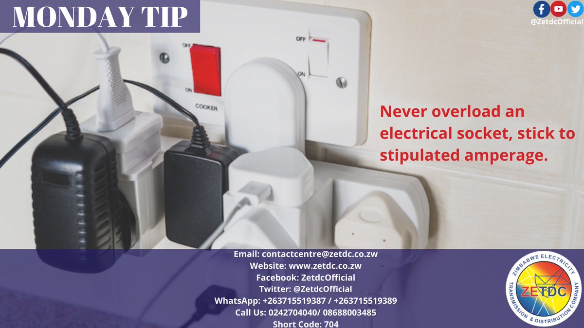 ZETDC (@zetdcofficial) on Twitter photo #MondayTip Overload may cause electrical fires or damage appliances. #DonotOverload #BeSafe <a href="/VaMbarara/">Patient Mbarara</a> <a href="/officialzpc/">Zimbabwe Power Company</a> <a href="/PowerTelZW/">PowerTel Zimbabwe</a> <a href="/ZesaEnterprises/">Zesa Enterprises</a> <a href="/OfficialZESA/">ZESA HOLDINGS</a> <a href="/NewsDayZimbabwe/">NewsDay Zimbabwe</a> <a href="/HeraldZimbabwe/">The Herald Zimbabwe</a> #MondayTip Overload may cause electrical fires or damage appliances. #DonotOverload #BeSafe <a href="/VaMbarara/">Patient Mbarara</a> <a href="/officialzpc/">Zimbabwe Power Company</a> <a href="/PowerTelZW/">PowerTel Zimbabwe</a> <a href="/ZesaEnterprises/">Zesa Enterprises</a> <a href="/OfficialZESA/">ZESA HOLDINGS</a> <a href="/NewsDayZimbabwe/">NewsDay Zimbabwe</a> <a href="/HeraldZimbabwe/">The Herald Zimbabwe</a>