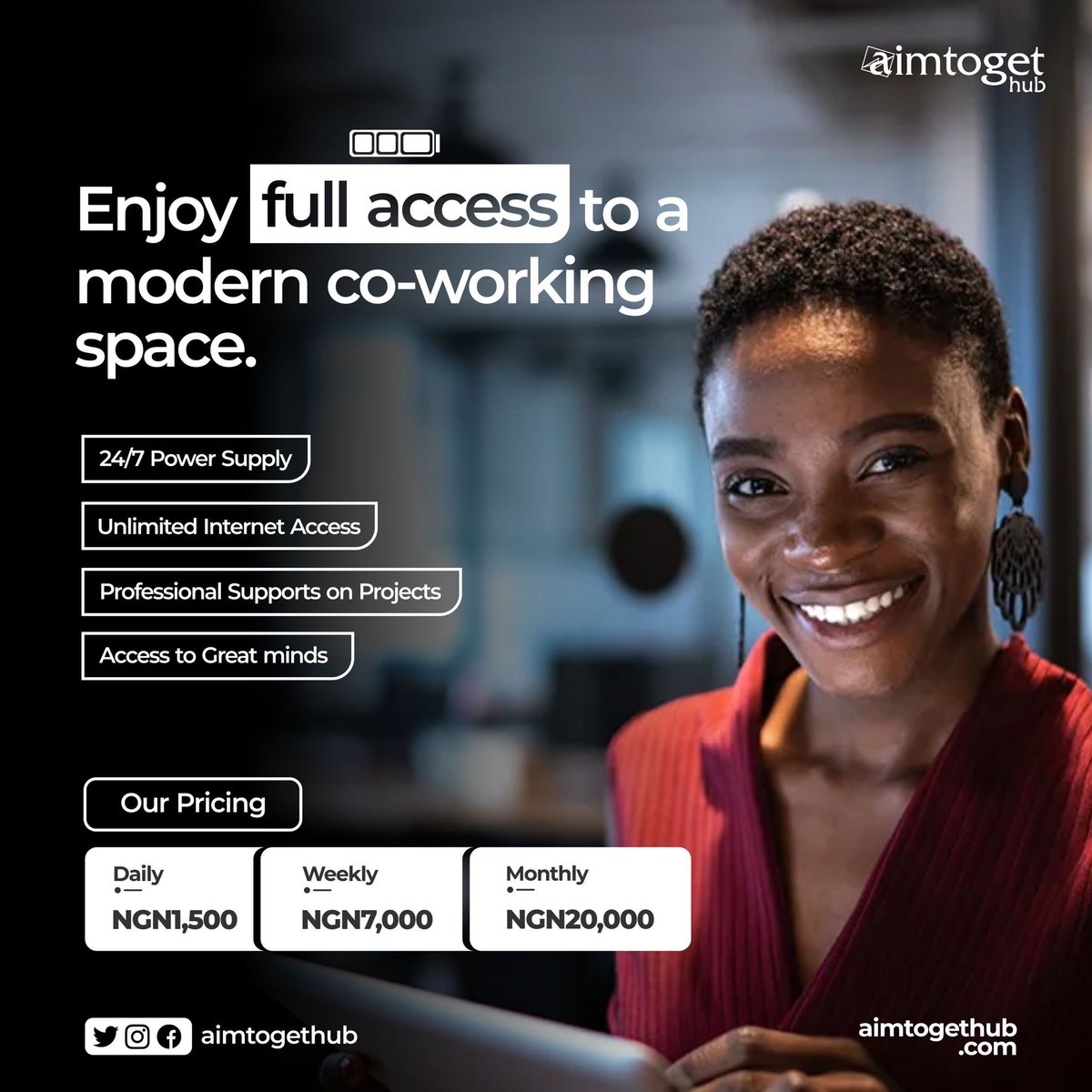 aimtogethub's tweet photo. Get access to a modern workspace that opens you up to meet other creatives, access opportunities to learn more in your respective fields...
Visit AimtogetHub
#workspace #hub #ibadan #coworkingspace #ibadantechconnect #ibadancreatives @connectIBADAN
#helloibadan https://t.co/gTsbmpecfD
