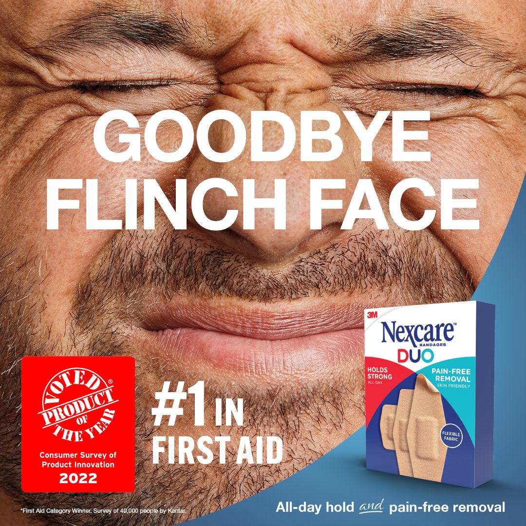 Thousands agree to say goodbye flinch face and hello 2022 Product of the Year Winner in First Aid, Nexcare™ Duo Bandages.