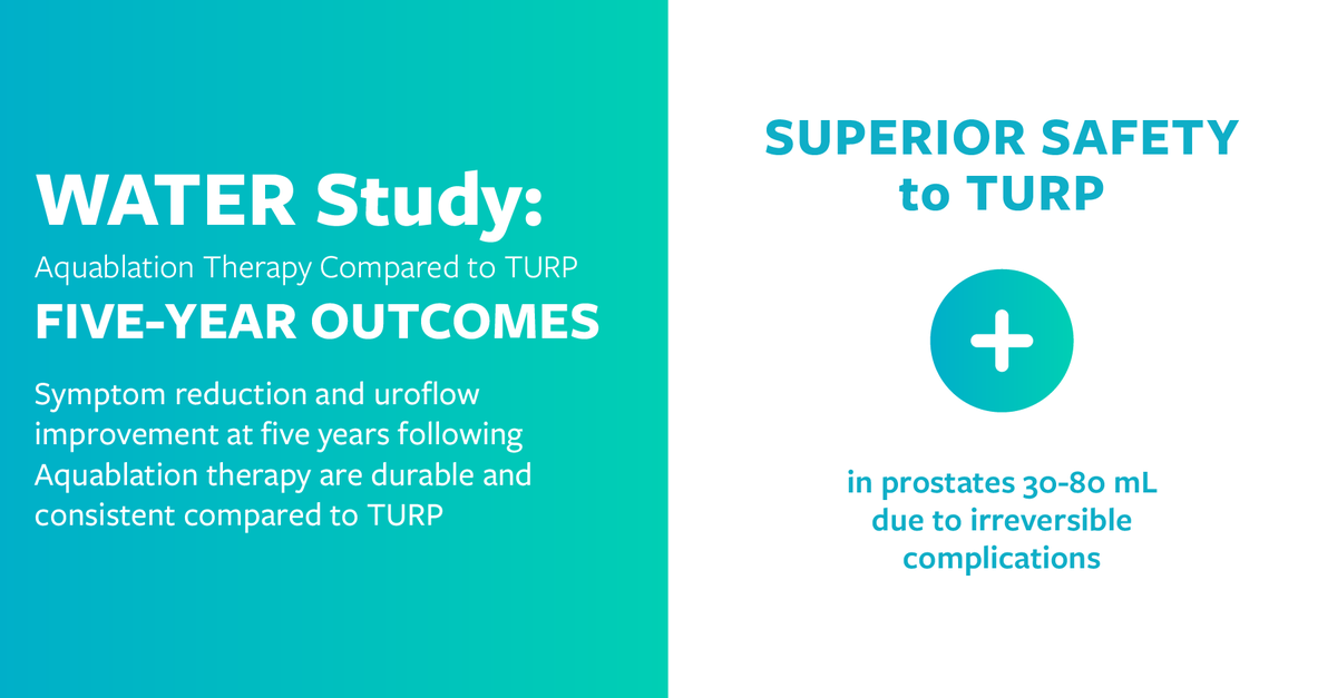 Aquablation therapy is a one-of-a-kind procedure that prioritizes symptom relief and sexual function preservation. See the results of the 5-year clinical trial comparing Aquablation therapy to #TURP, the existing standard of #BPH treatment: bit.ly/3xZGn2K #prostate