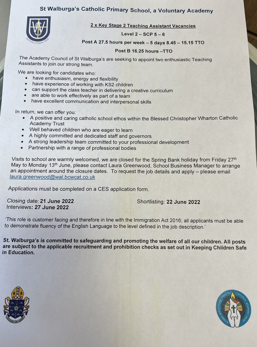 We are looking for two KS2 teaching assistants to join our amazing team and provide high quality education to our children. #excitingopportunity #joinus <a href="/bcw_cat/">Blessed Christopher Wharton Catholic Academy Trust</a> <a href="/CathEdService/">Catholic Education Service</a> <a href="/CatholicEdLeeds/">Vicariate for Education - Diocese of Leeds</a>
