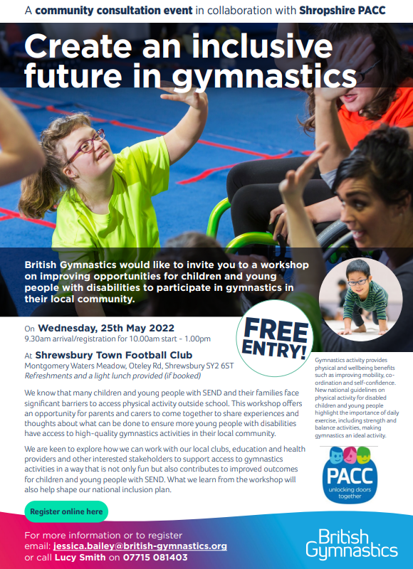 ShropsPACC's tweet photo. PACC has been working with British Gymnastics to explore about how increase opportunities for disabled children and young people to benefit from gymnastic activities.
To find out more, visit our website: https://t.co/yzLfwL9Gfx https://t.co/ZcAEKJpawE
