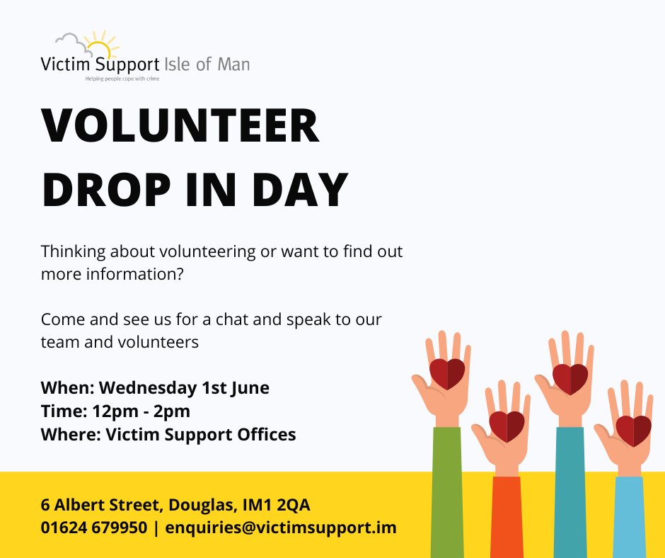 VictimSupp_IOM's tweet photo. ⭐ Volunteer Drop in Day: Wednesday 1st June 12pm – 2pm ⭐

Are you thinking about volunteering or would like to find out more information? 

Join us for a cup of tea and a chat to find out more about our volunteer opportunities!

#volunteering #isleofman #dropinday https://t.co/uxmDwp7xDp