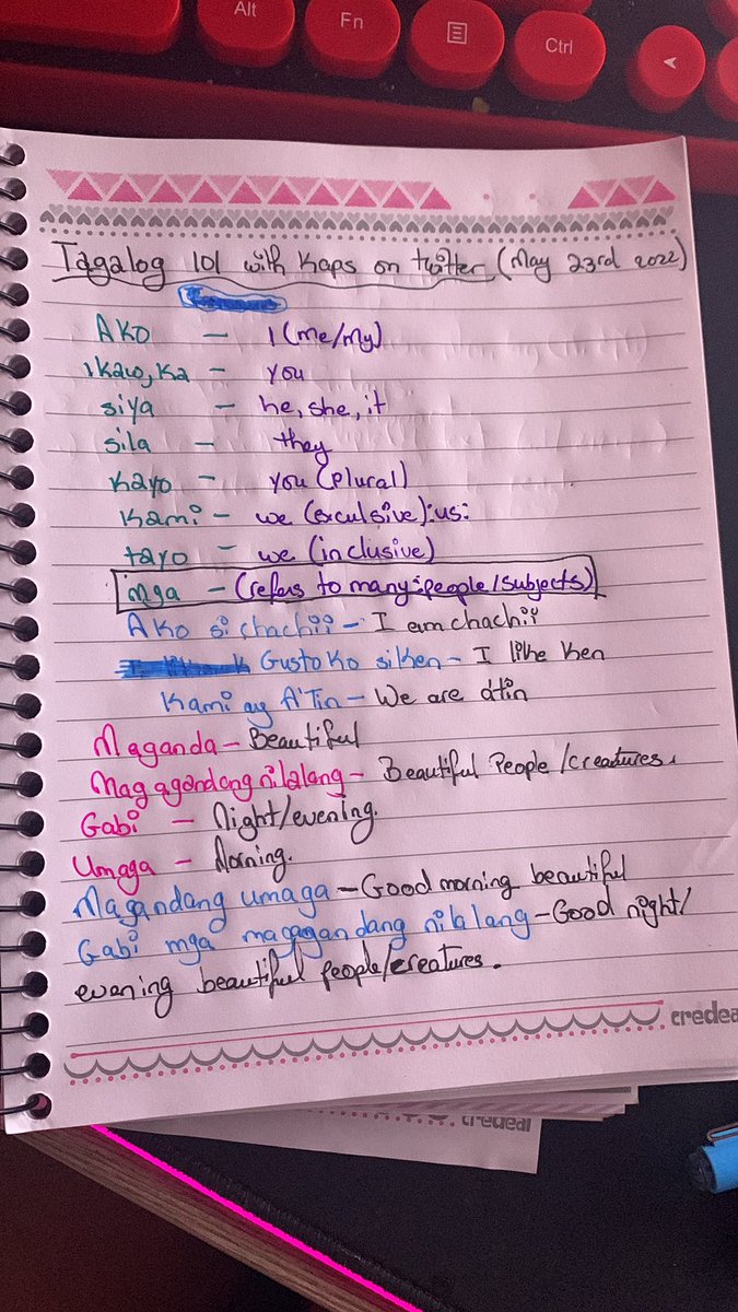 CHACHIICHAN's tweet photo. Ignore the bad handwriting 😂😂 but first lessons of the day. I think we will have to do a twitter space so that you guys can laugh at my pronunciation 😂😂

@SB19Official 
#STANWORLD #SB19
#SWNewSeason https://t.co/s7qV7ruLtL