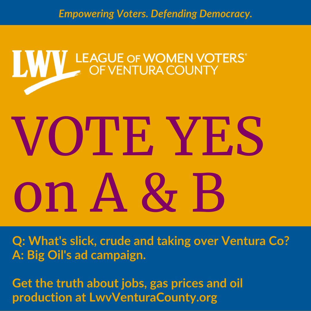 LwvVentura's tweet image. We’ve done the research and we’re voting YES on Measures A&amp;amp;B. Find detailed analysis with supporting sources of information and statistics at LWVVenturaCounty.org. Don’t let Big Oil fool you!