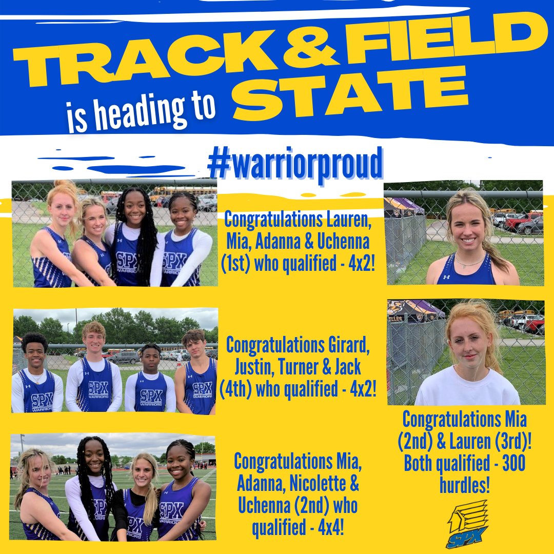 What a weekend for our track &amp; field Warriors!  Headed to STATE!  Way to go!  #warriorproud 
<a href="/spxboosterclub/">WarriorPrideSPX</a> <a href="/coachvutich/">Bobby Vutich</a> <a href="/spxcctandf/">SPX Cross Country, Track & Field</a> @spxprincipal