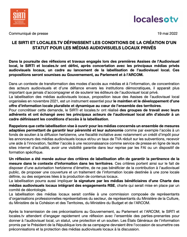 LocalesTv's tweet photo. Dans la poursuite des réflexions et travaux engagés lors des premières Assises de l’Audiovisuel local, le @sirti et Locales TV ont défini, après concertation avec les principaux médias privés audiovisuels locaux, un cadre au lancement de la labellisation de l’audiovisuel local. https://t.co/CxUFxrMind
