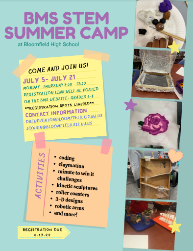 BMS STEM Summer Camp at Bloomfield High School, click link for registration. 
drive.google.com/file/d/1FHFe22…