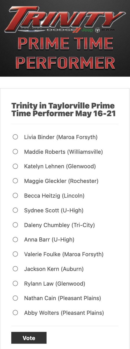 State track and field plus some soccer and softball regional champions highlight this week's Trinity in Taylorville Prime Time Performer!

You can vote for your favorite nominee every 12 hours on the site until Friday at 5pm -
channel1450.com/2022/05/23/tri…