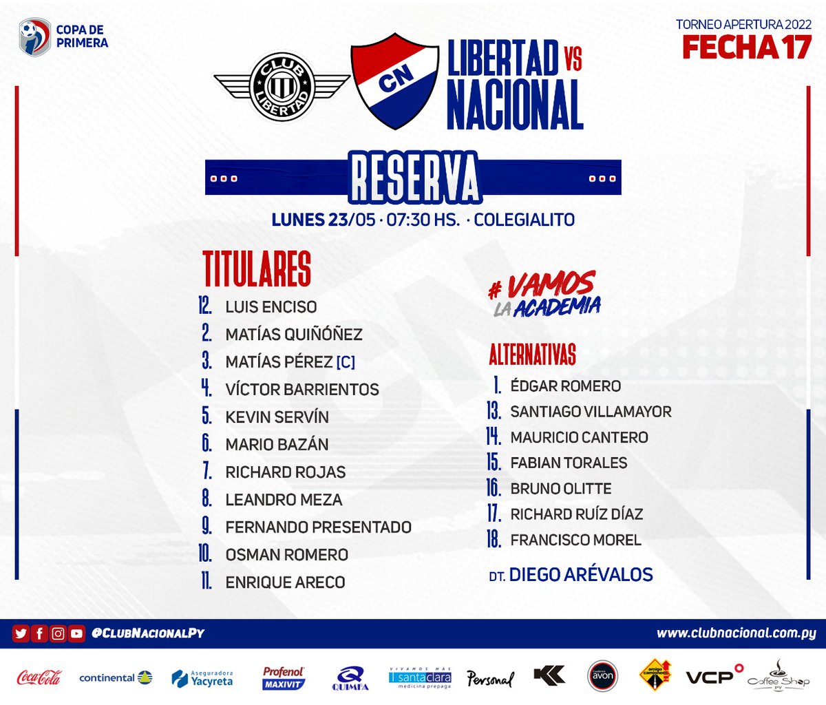CanteradelTrico's tweet photo. #CanteraTricolor 🔴⚪🔵
#catReserva⚽️🙋🏻‍♂️

🏆 Torneo #Apertura2022

¡Resultado del partido!

Libertad 2 🆚️ 1 #NACIONAL
📌Gol: 46' PT Osman Romero. 

#VamosLaAcademia https://t.co/zvBipRfIXm