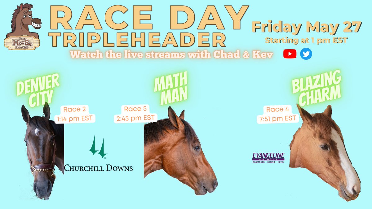 LazyHorseRC's tweet photo. Update: Friday is now a Race Day Tripleheader!!
Live streams all day long with Chad and Kev starting at 1 pm EST - Giddy up! 🏇🏁
#HorseRacing #P2E #Metaverse #DenverCity #MathMan #BlazingCharm #LazyHorseRaceClub #LazyWorld https://t.co/F5W22t68SS