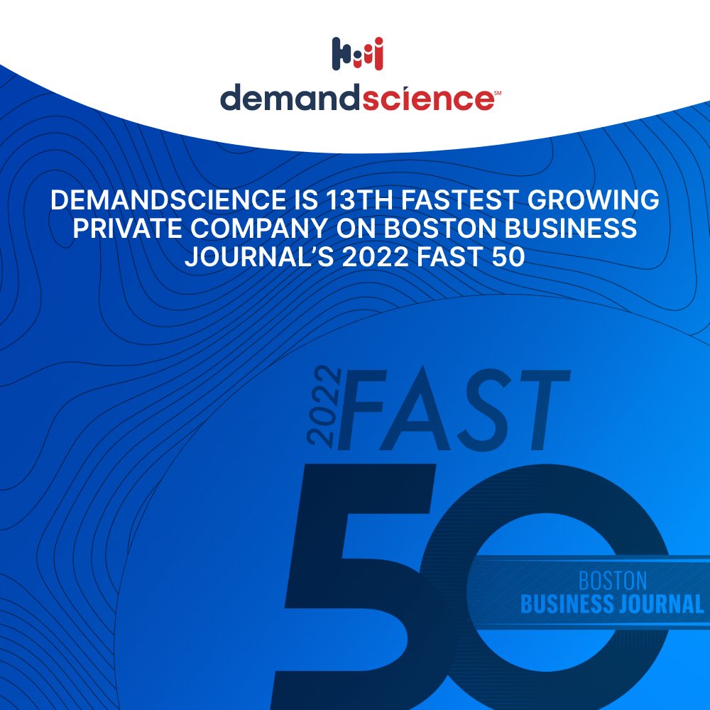 DemandScience's tweet photo. We're so excited to say we ranked as the 13th fastest growing company in Massachusetts on the @BosBizJournal 2022 Fast 50 list!
Read more about DemandScience jumping from 48th in 2021 to 13th on the 2022 #BBJFast50 list: https://t.co/ixyzxpBIW3 https://t.co/rKZWd6j2e0