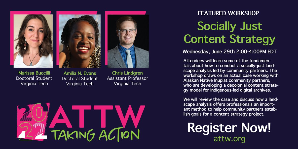 What is a socially just #ContentStrategy? 👀👀

Learn more about this #decolonial approach with <a href="/BuccilliMa/">Marissa Buccilli</a>, <a href="/jamaicafive/">Amilia N. Evans, Ph.D.</a>, &amp; @lndgrn on Wednesday, June 29th 2:00-4:00PM EDT. #ATTW22

Register 👉🏿👉🏿 attw.org.