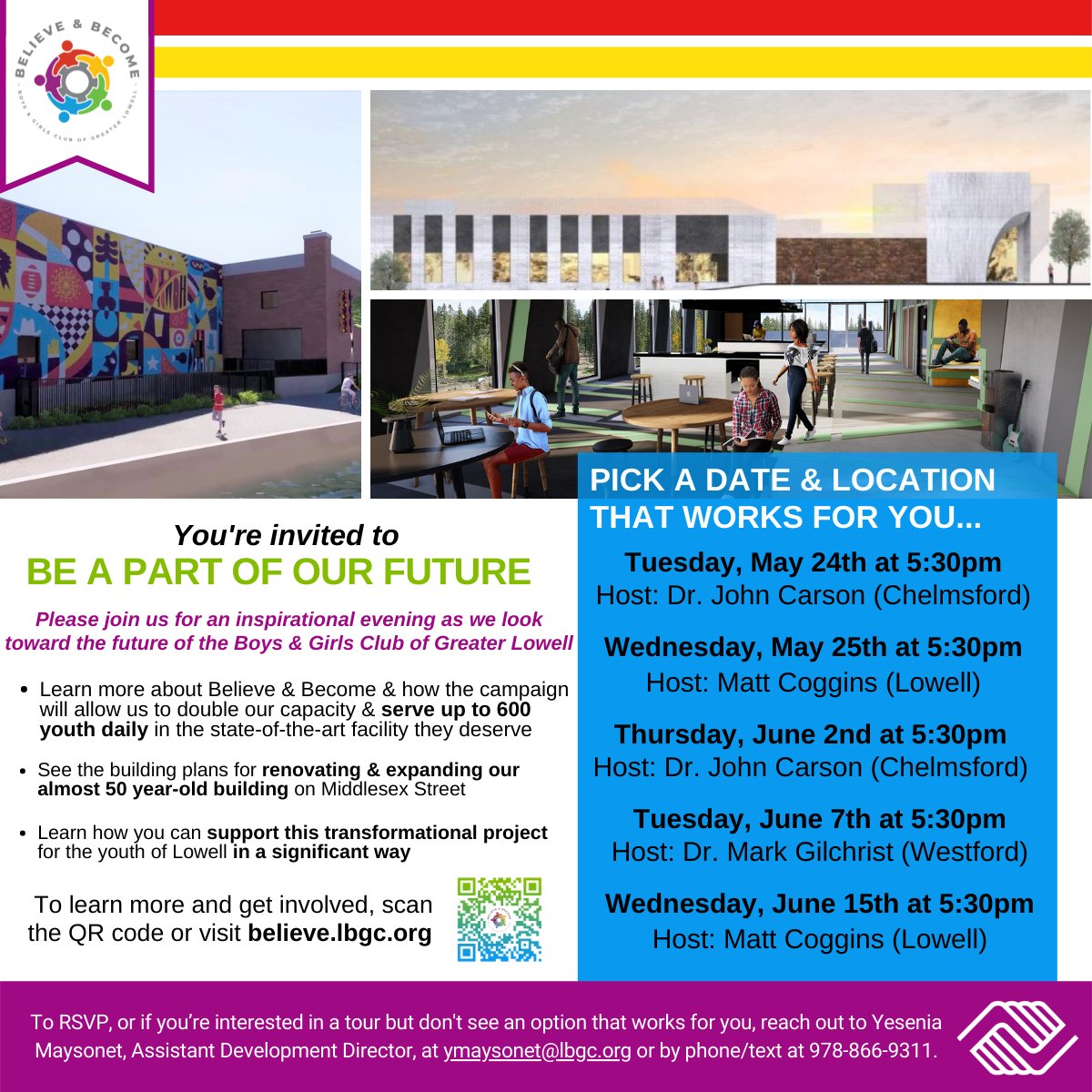 The Believe &amp; Become renovation will allow us to accommodate 2x as many Club members, meaning 600 young people per day will be able to build pathways to
brighter futures at the Club! Hear how you can support this project by picking a date that works for you. #believeandbecome