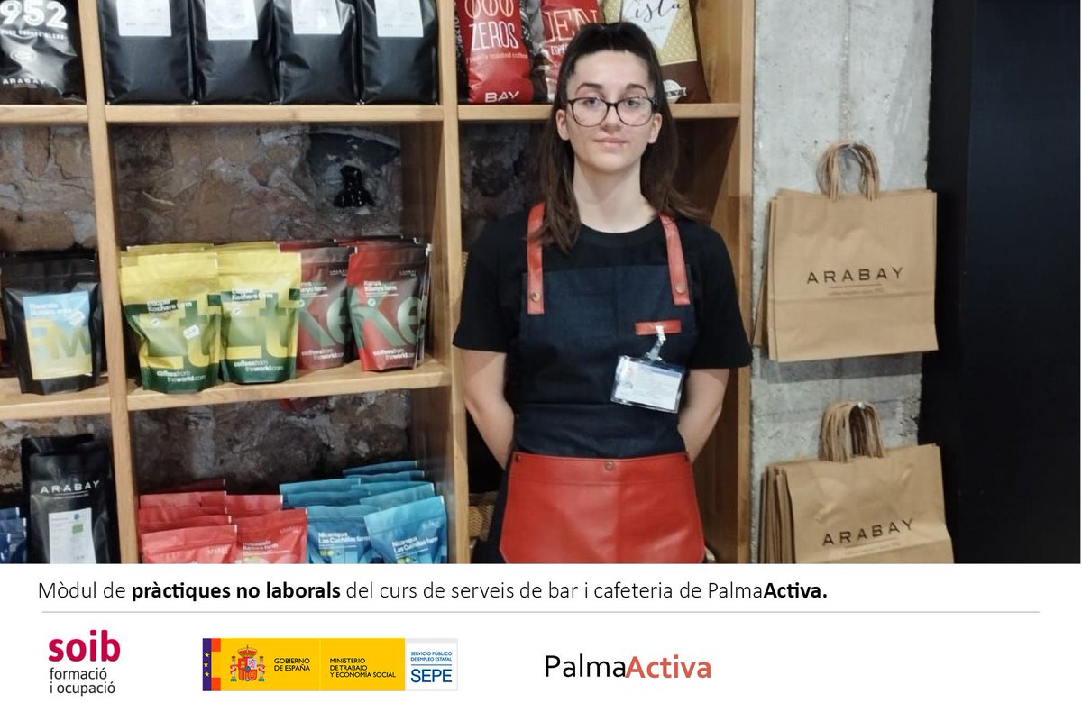 PalmaActiva's tweet photo. La nostra alumna Bea finalitza les seves pràctiques del curs de Serveis de Bar i Cafeteria. Moltes gràcies Arabay Coffee House per la vostra col·laboració!
@arabaycoffee #FormacioSOIB https://t.co/1xBYzIXlqw