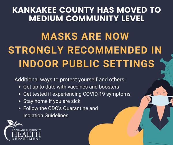 lisachidichimo's tweet photo. Kankakee and Iroquois counties in Illinois are back at Medium  Community Levels for COVID-19. Stay up to date with COVID-19 vaccines. Get tested if you have symptoms. Wear a mask if you have symptoms, a positive test, or are indoors with groups of people. https://t.co/X55PCRY2hX