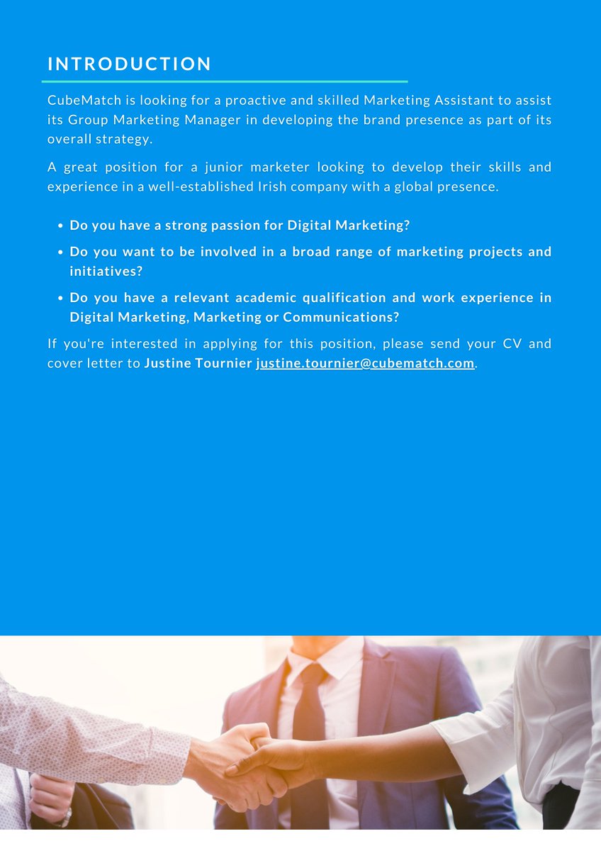 CubeMatchLtd's tweet photo. 📢We are looking for a proactive #MarketingAssistant to assist our Group Marketing Manager in developing the brand presence as part of its overall strategy. 📢
If you're interested, please send your CV &amp; cover letter to Justine Tournier justine.tournier@cubematch.com 
#HIRINGNOW https://t.co/mgeC1pVNtt